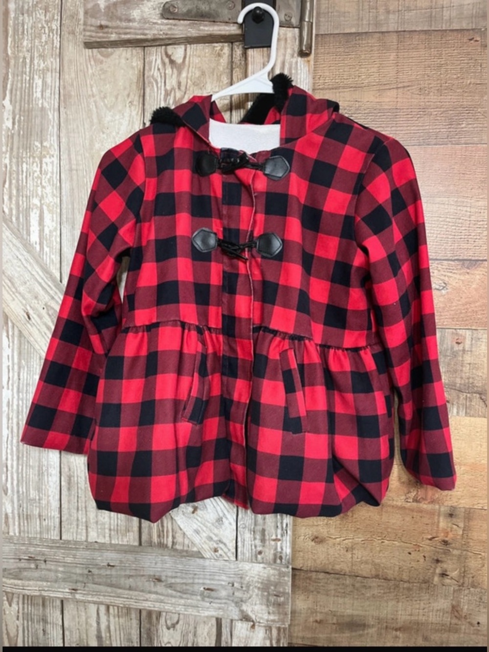 Red and Black Buffalo Plaid Toggle Hooded Coat